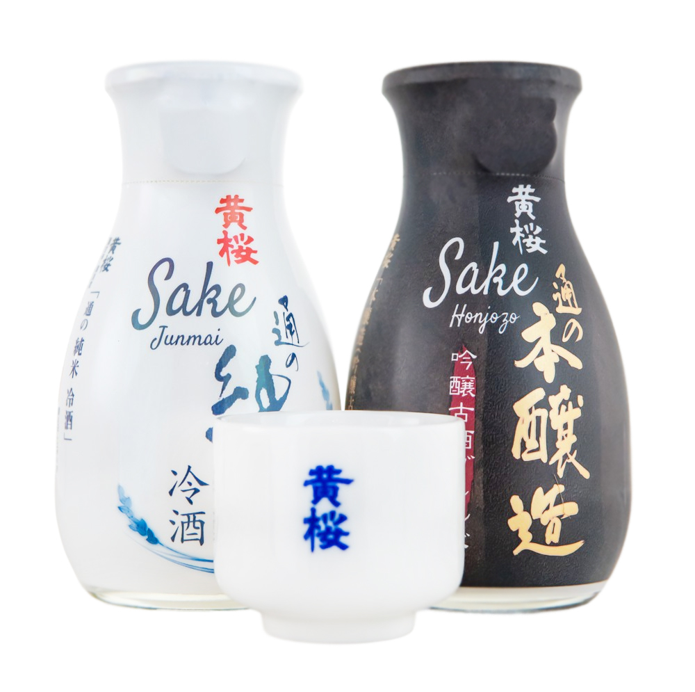 Sake Geschenk-Set: 1 x Junmai + 1 x Hojonzo + 1 Becher - 0,36L 15% vol