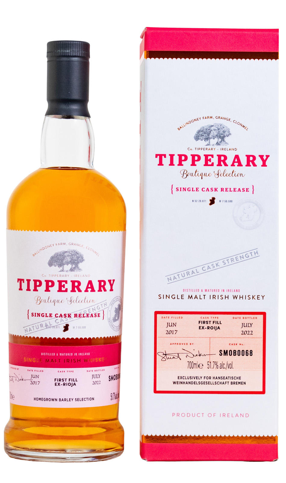 Tipperary Vintage 2017 Single Cask Homegrown Barley Cask No. 3474 - 0,7L 51,7% vol