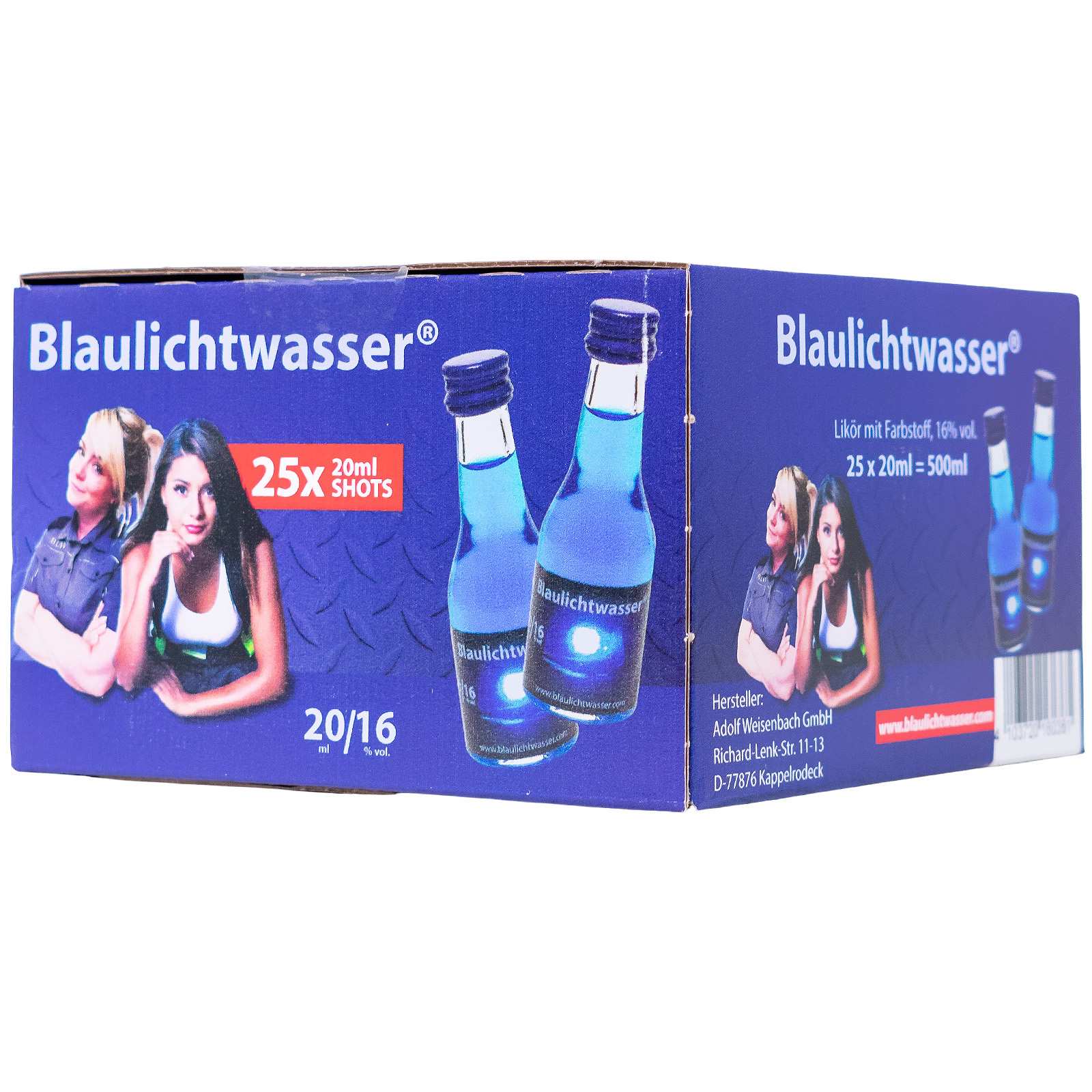 Paket [25 x 0,02L] Blaulichtwasser Box - 0,5L 16% vol